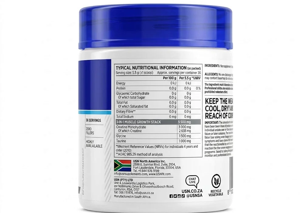 جدول ترکیبات USN 3 in 1 Creatine Monohydrate Aminos
